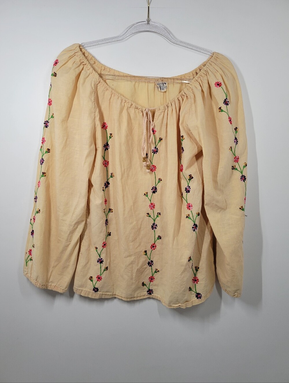 Vtg Butter Yellow Cotton Embroidered Floral Cottagecore LS Boho Y2K Top Women M